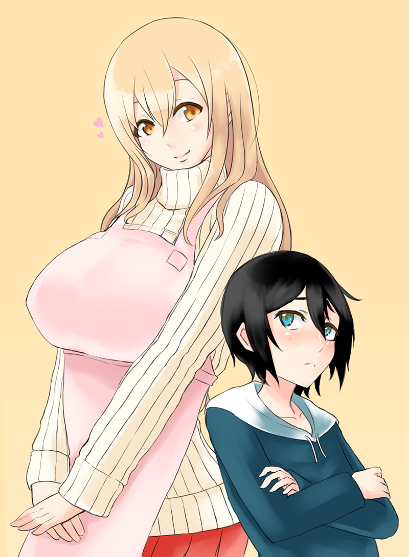 1boy, 1girl, age_difference, breasts, brown_eyes, brown_hair, crossed_arms, frown