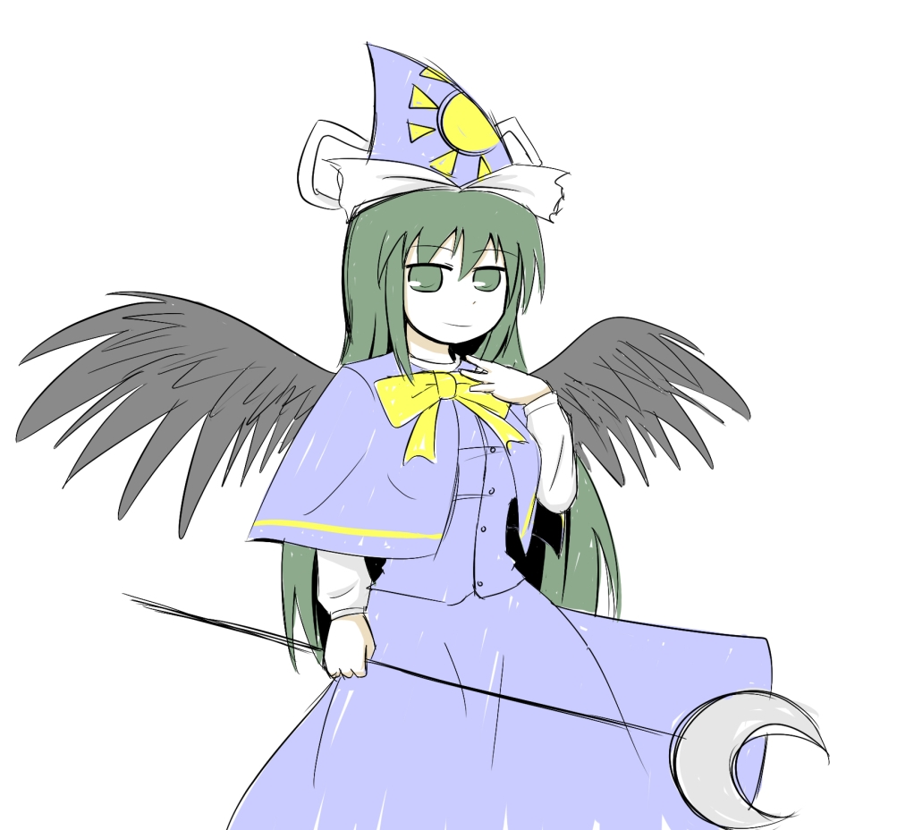1girl, bow, capelet, crescent, dress, green_eyes, green_hair, hat, kita_(higan), long_hair, mima, simple_background, solo, staff, touhou, touhou_(pc-98), wings, wizard_hat
