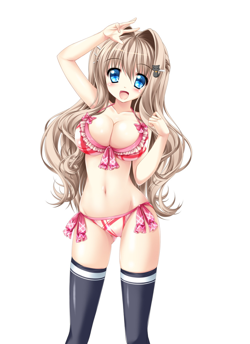 1girl, arm_up, bikini, black_legwear, blue_eyes, blush, breasts, brown_hair