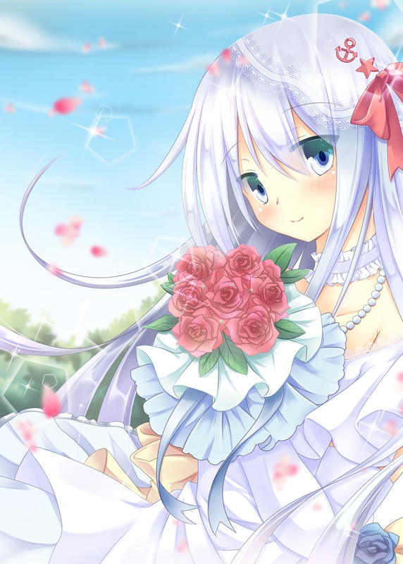 1girl, bare_shoulders, blue_eyes, blue_rose, bouquet, bridal_veil, bride, choker