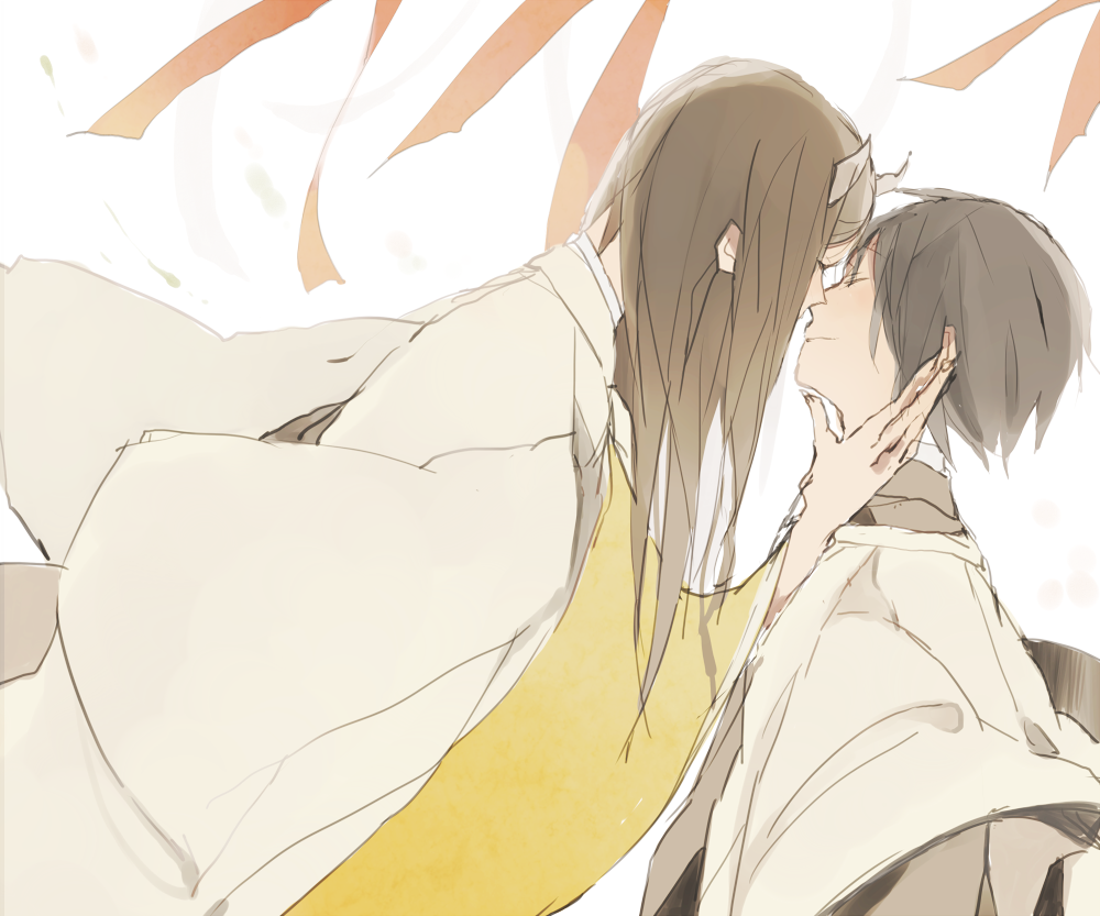 1boy, 1girl, brown_hair, c4991, closed_eyes, couple, hetero, horns