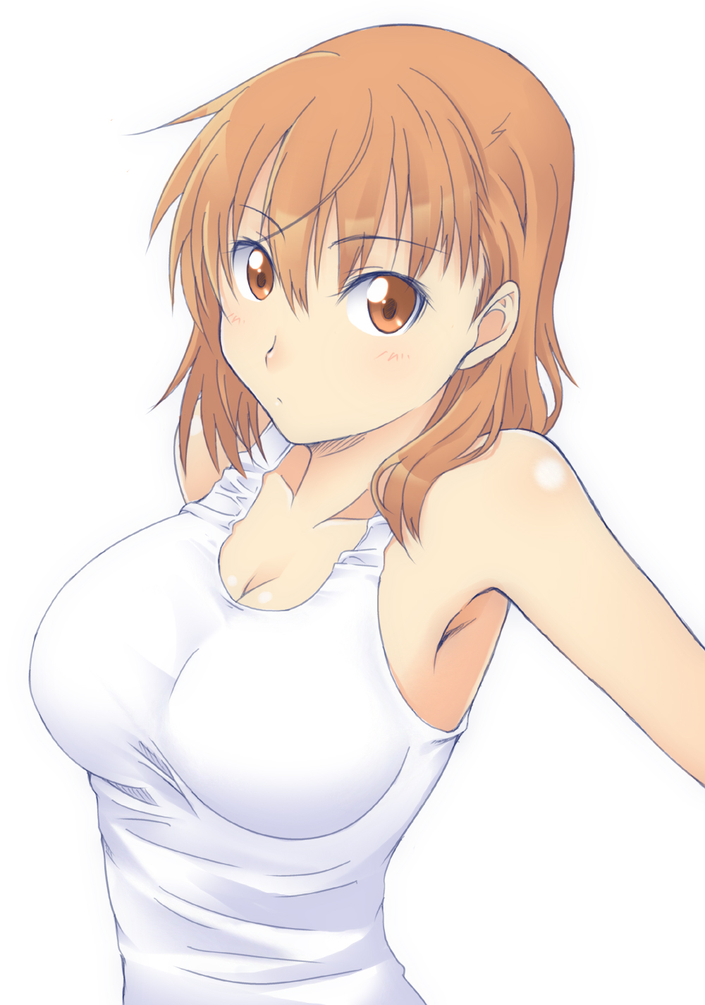 1girl, breasts, brown_eyes, brown_hair, highres, kurogane_(artist), large_breasts, looking_at_viewer, misaka_mikoto, solo, tank_top, to_aru_majutsu_no_index