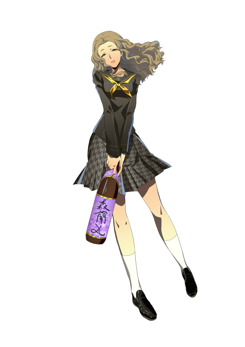 1girl, bottle, brown_eyes, brown_hair, checkered, checkered_skirt, highres, konishi_saki, long_hair, long_sleeves, mainegi, official_style, persona, persona_4, persona_4:_the_ultimate_in_mayonaka_arena, sailor_collar, school_uniform, serafuku, skirt, smile, socks, solo