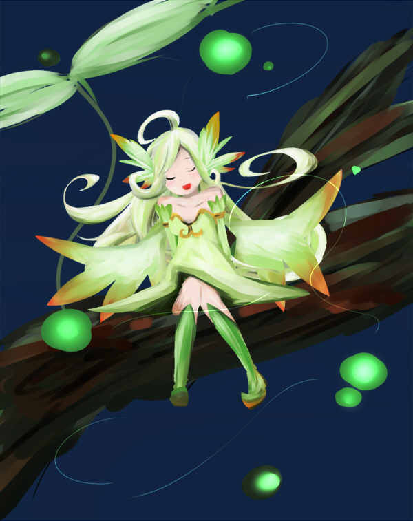 1girl, ahoge, bangs, blonde_hair, blush, boots, closed_eyes, collarbone, fairy, green_hair, long_hair, minigirl, mon-musu_quest!, ono2532, payot, sitting, solo, sylph_(mon-musu_quest!), tree_branch, wind