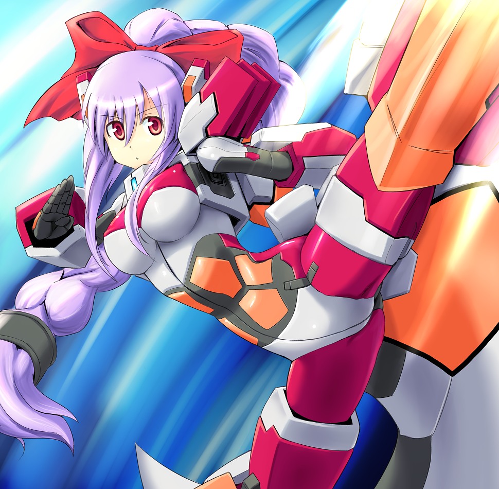 armor, bodysuit, cosmic_break, jikun_long, kicking, purple_hair, red_eyes, red_ribbon