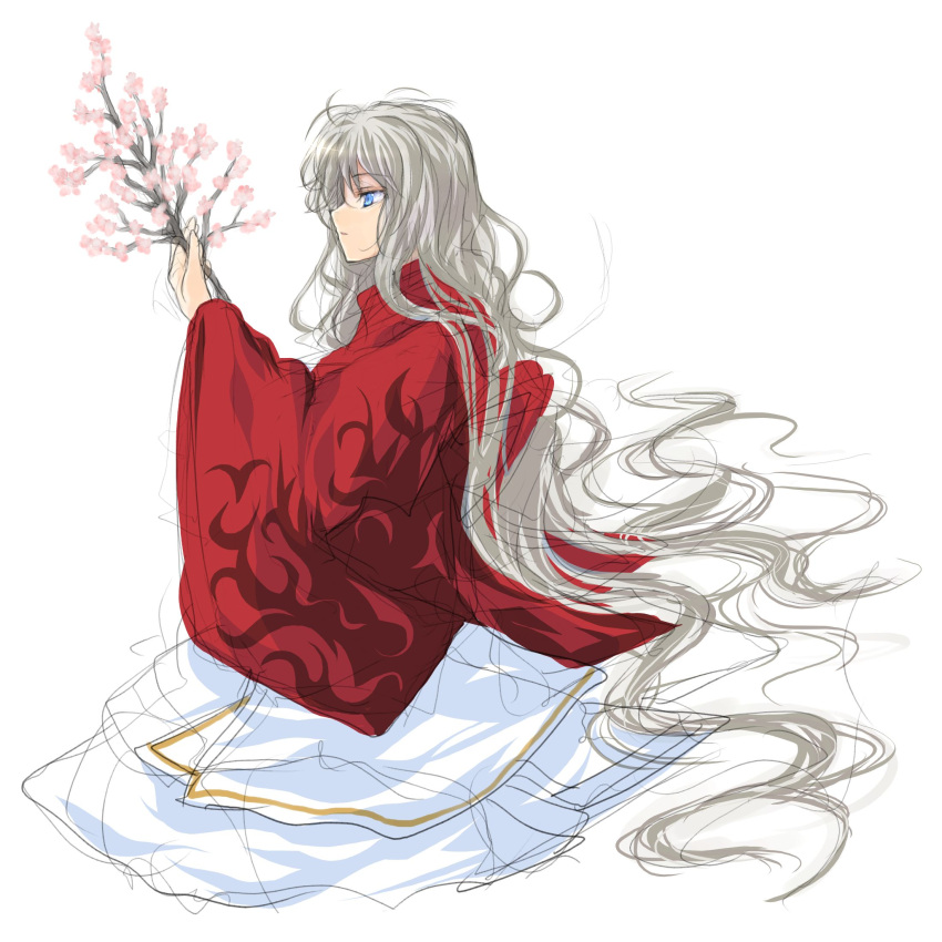 androgynous, blue_eyes, branch, cherry_blossoms, grey_hair, hara_takehito, highres, japanese_clothes