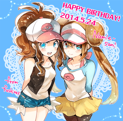 2girls, arms_behind_back, baseball_cap, black_legwear, blue_eyes, blush, breasts, brown_hair