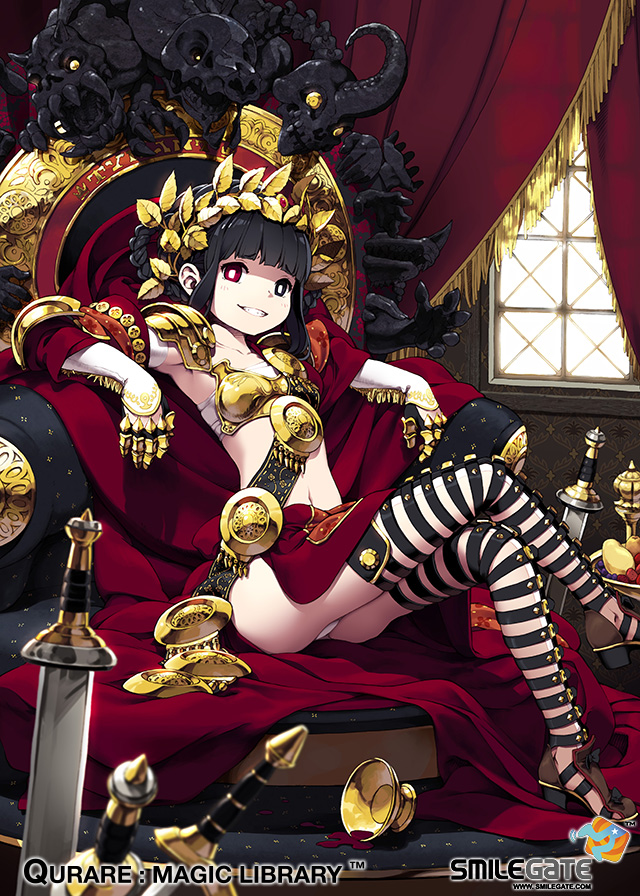 1girl, armor, bangs, black_hair, blunt_bangs, breastplate, copyright_name, crossed_legs