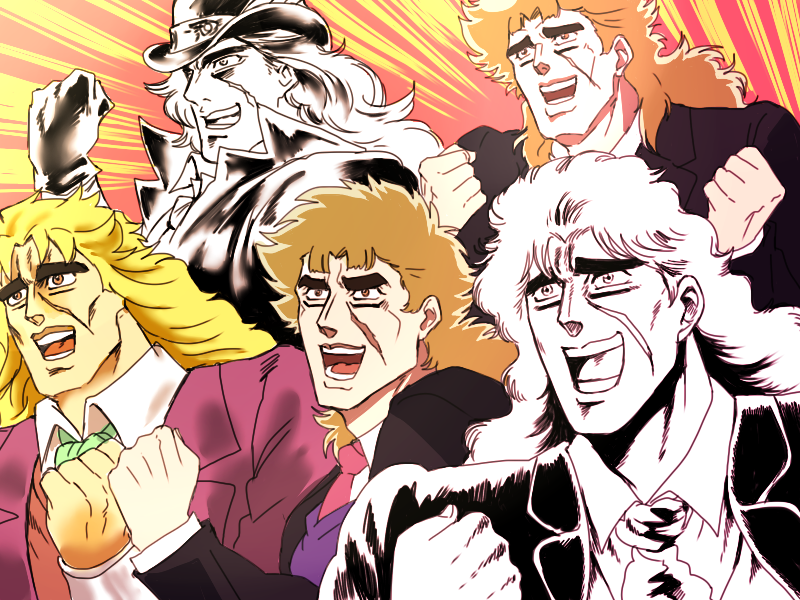 5boys, blonde_hair, commentary_request, jojo_no_kimyou_na_bouken, long_hair, multiple_boys, multiple_persona, official_style