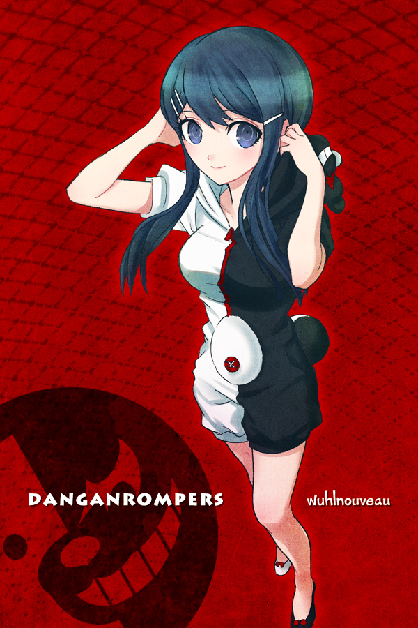 1girl, alternate_costume, blue_eyes, blue_hair, copyright_name, dangan_ronpa, hair_ornament, hairclip