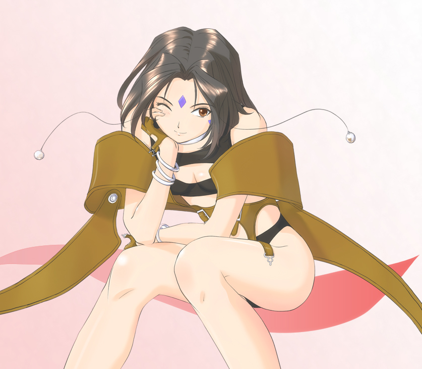 brown_eyes, brown_hair, earrings, facial_mark, forehead_mark, jewelry, kuuyuu, peorth