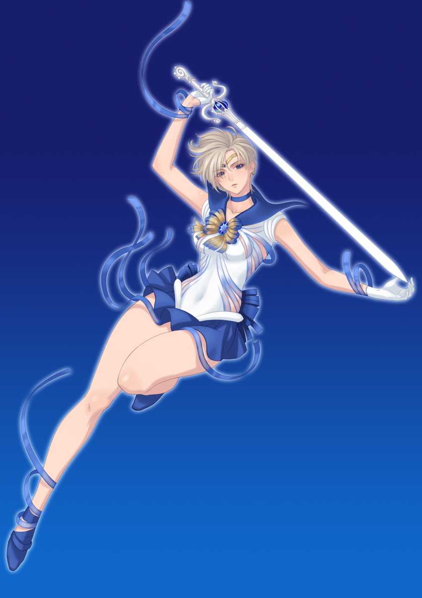 1girl, bishoujo_senshi_sailor_moon, blonde_hair, blue_background, blue_eyes, blue_skirt, bow, brooch, choker, eclosion, expressionless, gloves, henshin, highres, jewelry, magical_girl, pleated_skirt, ribbon, sailor_collar, sailor_uranus, shoes, short_hair, skirt, solo, space_sword, sword, ten'ou_haruka, tiara, weapon, white_gloves
