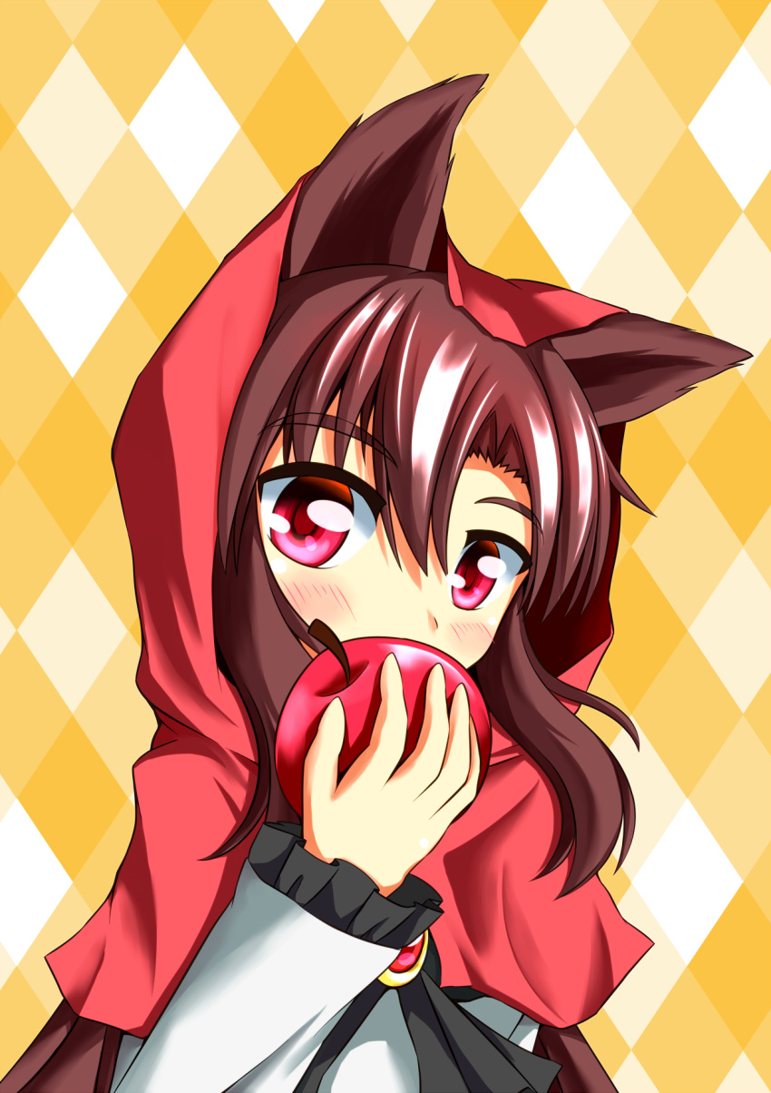 1girl, 495-flan, animal_ears, apple, argyle, argyle_background, brown_hair, food