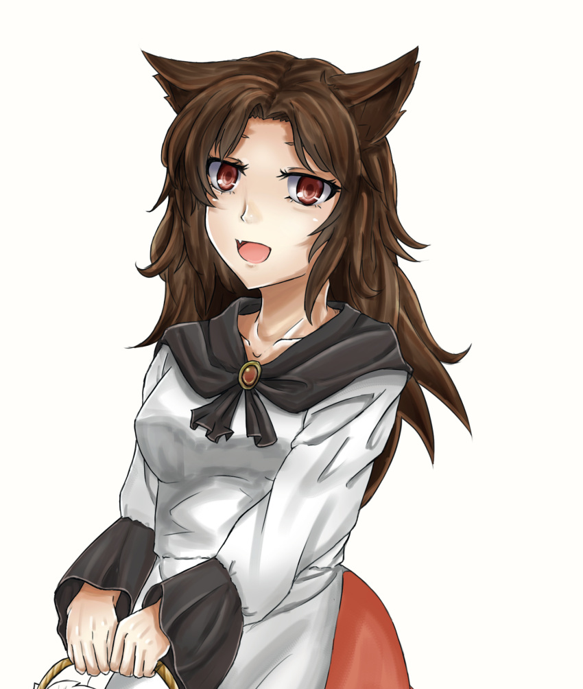 1girl, :d, animal_ears, basket, brown_hair, dress, fang, highres