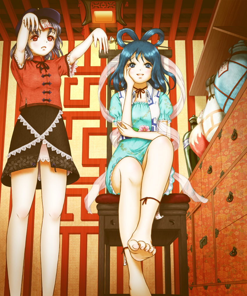 2girls, barefoot, belt, blue_eyes, blue_hair, chest_of_drawers, chinese_clothes, dress