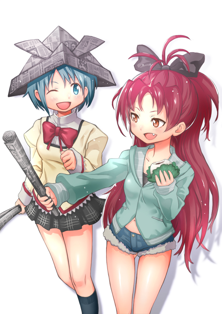 2girls, blue_eyes, blue_hair, blush, bow, denim, denim_shorts, food, hair_bow, hat, long_hair, mahou_shoujo_madoka_magica, miki_sayaka, multiple_girls, navel, one_eye_closed, open_mouth, orange_eyes, paper_hat, ponytail, redhead, sakura_kyouko, school_uniform, short_hair, shorts, simple_background, socks, white_background, wink, yaji_(poison)