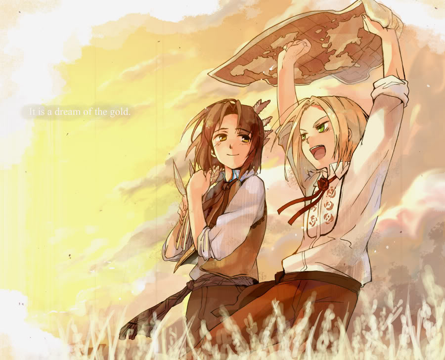 arms_up, axis_powers_hetalia, bad_id, blonde_hair, brown_hair, cloud, clouds, dress_shirt