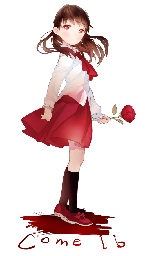 1girl, anco_(melon85), brown_hair, flower, ib, ib_(ib), long_hair, red_eyes, rose, solo