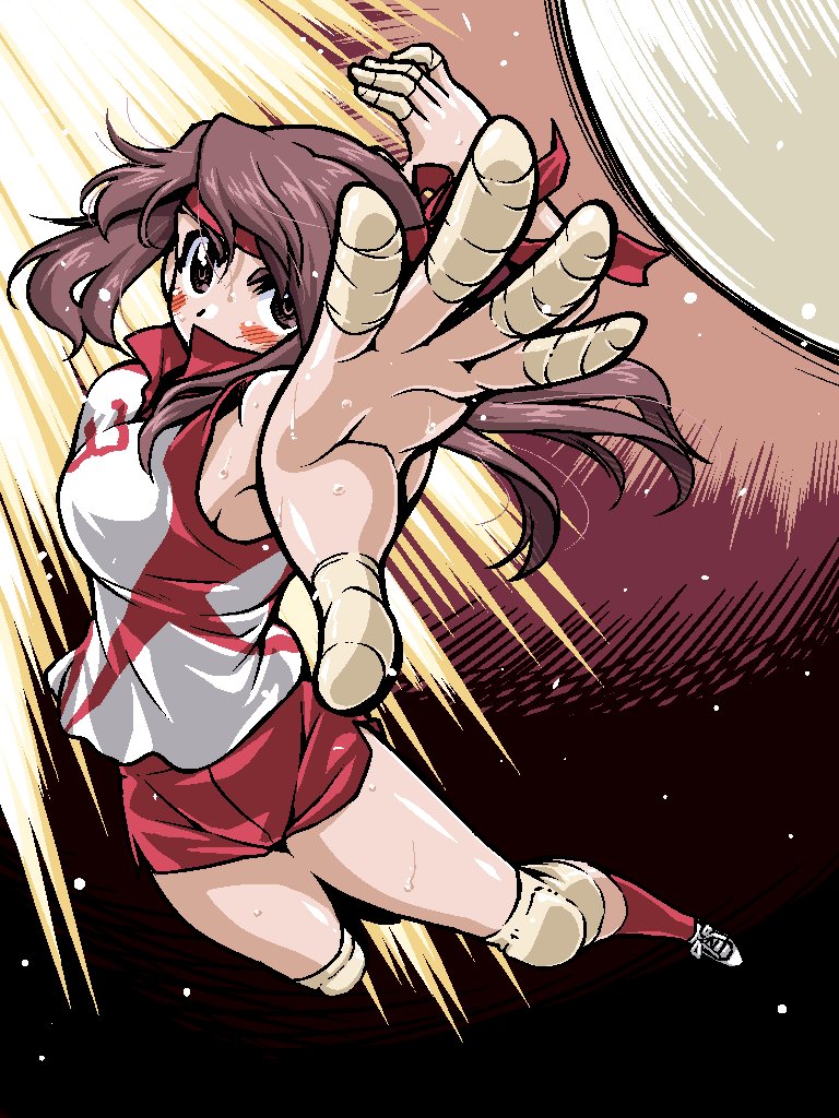 1girl, action, blush, brown_eyes, brown_hair, foreshortening, girls_und_panzer, headband