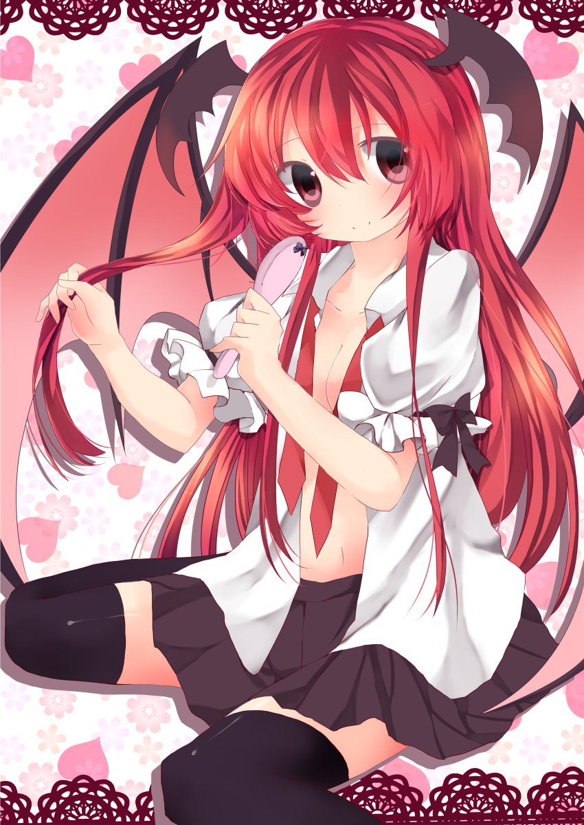 1girl, absurdres, adjusting_hair, black_legwear, brushing, demon_wings, floating_hair, head_wings