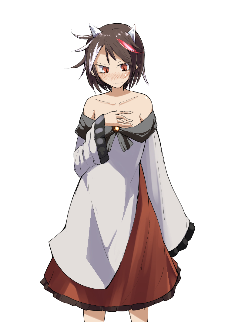 1girl, arm_at_side, black_hair, blush, breasts, brooch, cleavage, collarbone