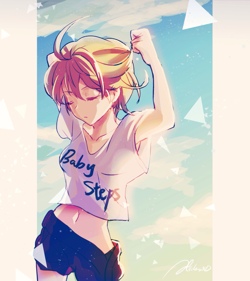 absurdres, baby_steps, blonde_hair, closed_eyes, highres, hildasxd, midriff, navel