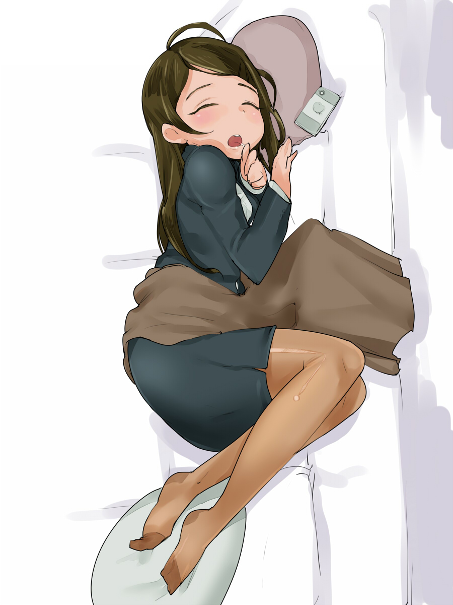 1girl, blanket, blush, brown_hair, cellphone, cushion, formal, highres, long_hair, office_lady, open_mouth, original, pantyhose, phone, sheer_legwear, skirt_suit, sleeping, smartphone, solo, suit, ushihashiru