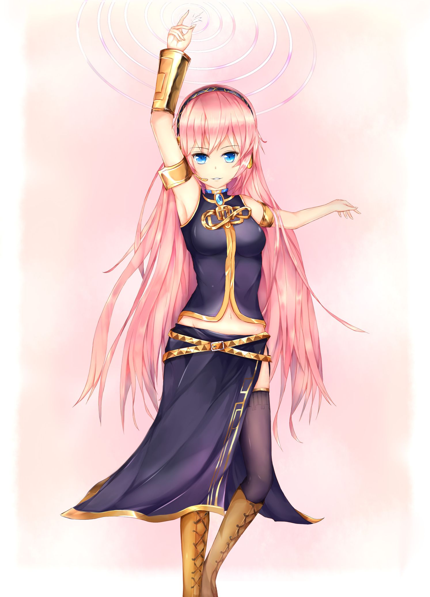 1girl, arm_up, armpits, belt, black_dress, black_legwear, blue_eyes, boots