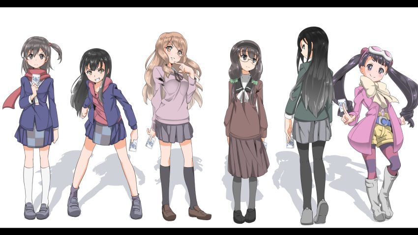 6+girls, aoi_akira, belt, black_hair, black_legwear, boots, bow, brown_hair, chiyori_(selector_infected_wixoss), from_behind, goggles, goggles_on_head, hair_ribbon, hairband, highres, jacket, kneehighs, kominato_ruuko, kurebayashi_yuzuki, letterboxed, long_hair, long_sleeves, multiple_girls, pantyhose, ribbon, scarf, school_uniform, selector_infected_wixoss, shoes, shorts, side_ponytail, skirt, socks, striped, striped_legwear, sweater, twintails, uemura_hitoe, urasoe_iona, white_legwear, yuuichi_(reductionblack)