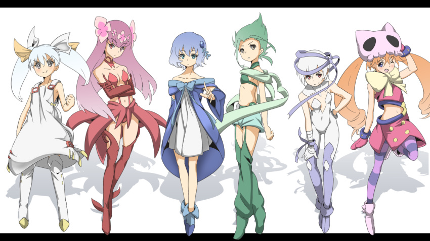 6+girls, bare_shoulders, blue_eyes, blue_hair, bodysuit, bow, brown_eyes, covered_navel