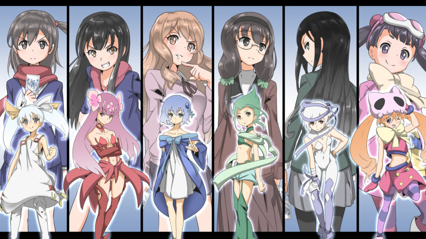 6+girls, aoi_akira, bare_shoulders, belt, black_hair, black_legwear, blue_eyes, blue_hair