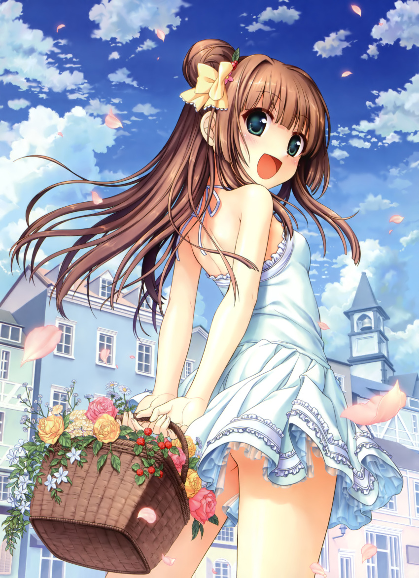 1girl, :d, absurdres, arms_behind_back, bare_shoulders, basket, bekkankou, blue_sky