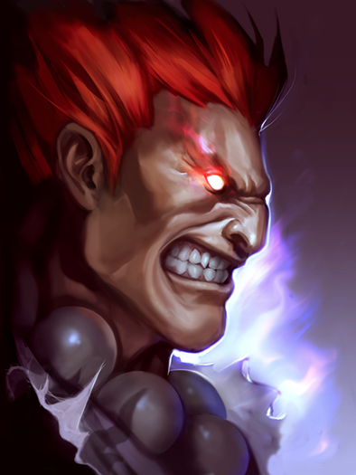1boy, bared_teeth, beads, bust, dark_skin, glowing, glowing_eyes, gouki