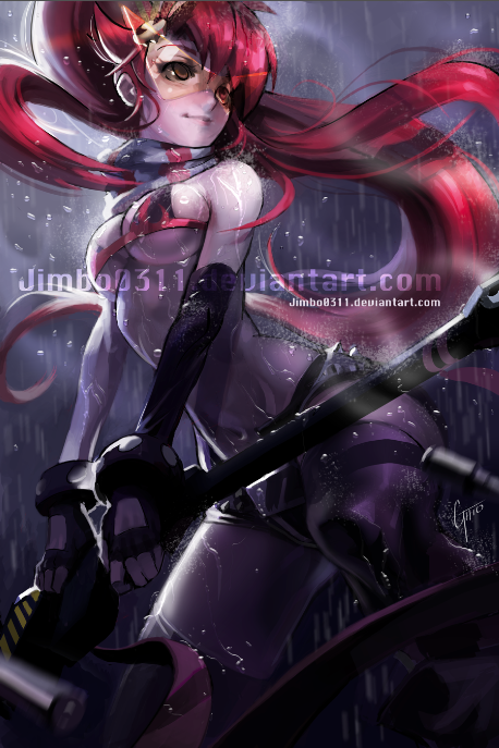 1girl, anti-materiel_rifle, bikini_top, breasts, detached_sleeves, fingerless_gloves, gloves, gun, hair_ornament, james_ghio, long_hair, rain, redhead, rifle, scarf, shooting_glasses, short_shorts, shorts, sideboob, single_sleeve, skull_hair_ornament, smile, sniper_rifle, solo, tengen_toppa_gurren_lagann, under_boob, very_long_hair, watermark, weapon, web_address, wet, yoko_littner