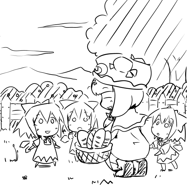 basket, bread, cirno, food, french_bread, hat, monochrome, patchouli_knowledge