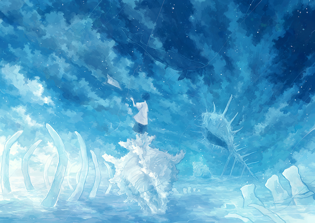 1girl, animal, blue, bone, clouds, cloudy_sky, commentary, conch