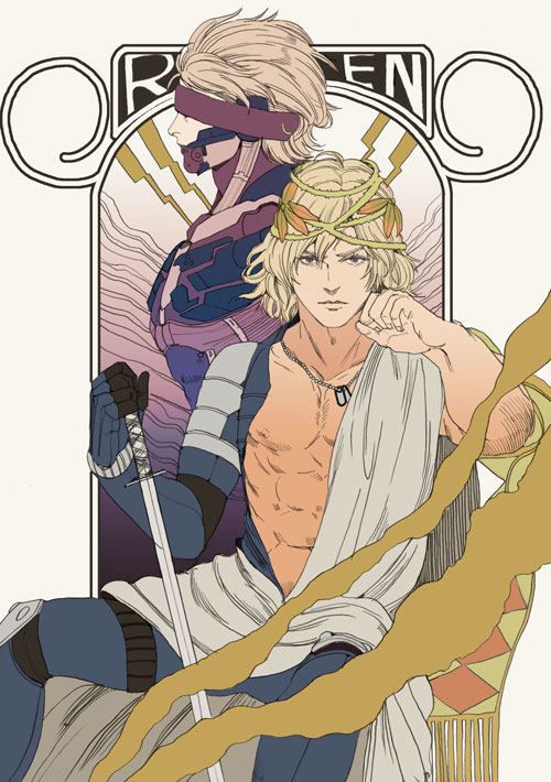 1boy, abs, art_nouveau, blonde_hair, cyborg, dog_tags, dual_persona, expressionless