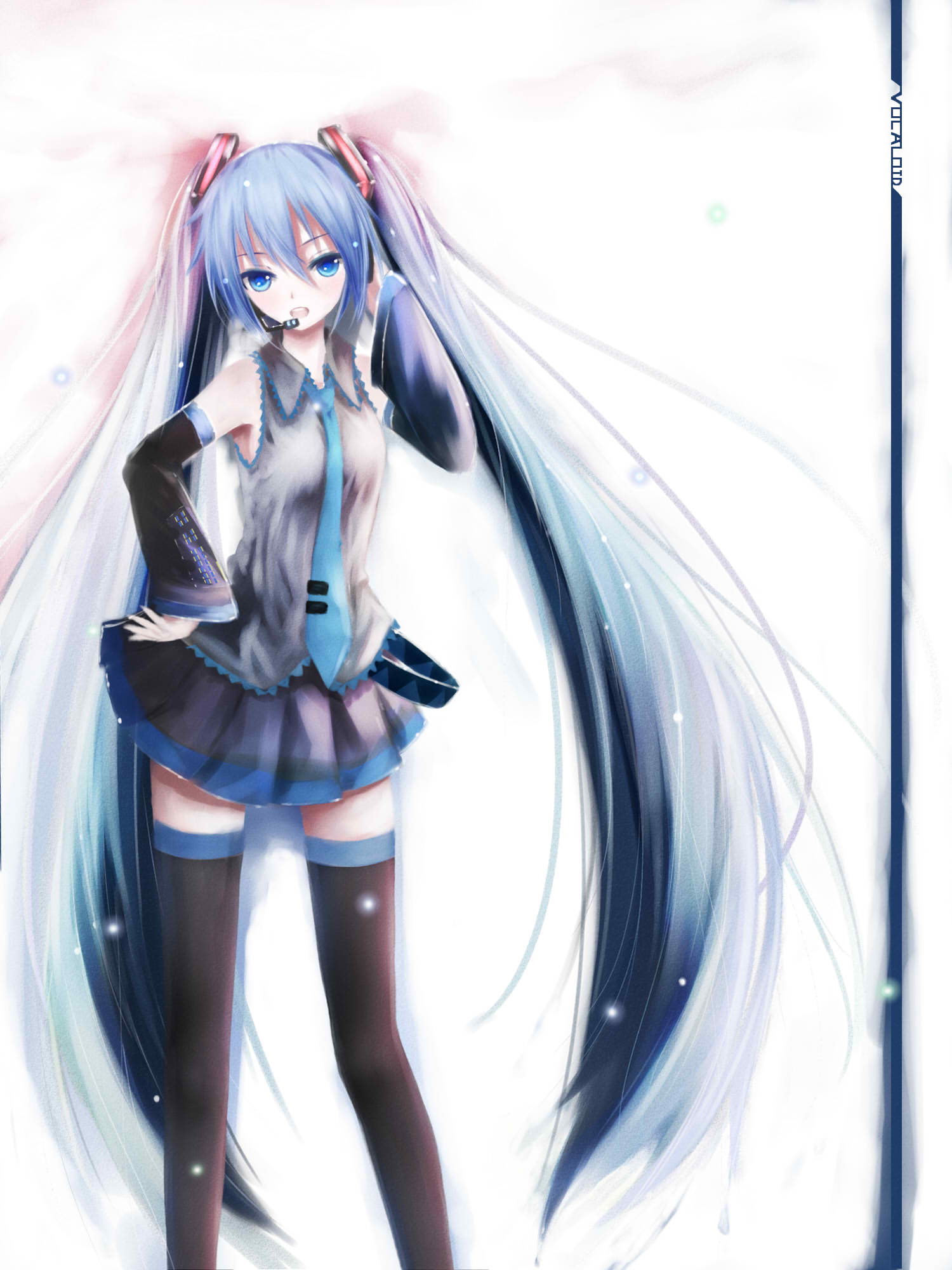 1girl, black_legwear, black_skirt, blue_eyes, blue_hair, copyright_name, detached_sleeves, hand_on_hip
