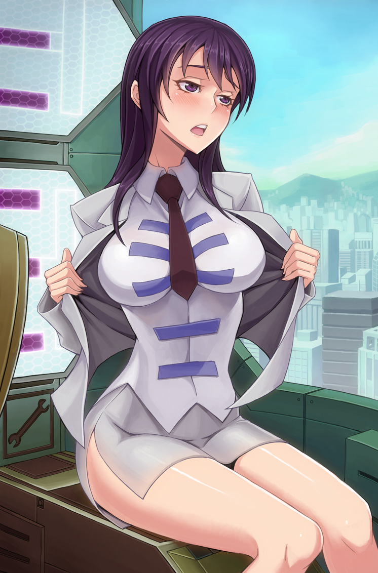 1girl, blush, breasts, city, kenzen_robo_daimidaler, large_breasts, leaf98k, long_hair
