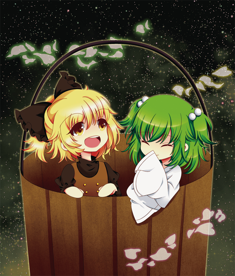 2girls, blonde_hair, bow, bucket, bust, closed_eyes, dress, green_hair