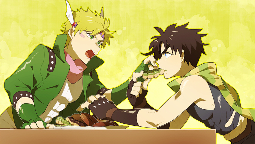 2boys, black_hair, blonde_hair, blue_eyes, caesar_anthonio_zeppeli, cruller, doughnut, eating