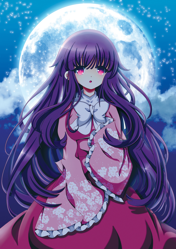 1girl, cowboy_shot, frills, full_moon, gradient_eyes, houraisan_kaguya, long_hair, long_sleeves