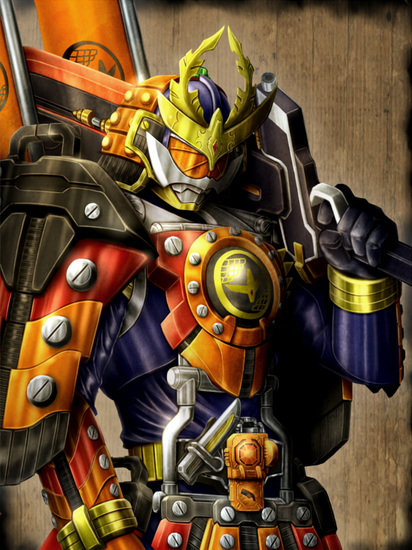 1boy, armor, banner, belt, dj_gun, gun, gunblade, irisu_haniwa, kamen_rider, kamen_rider_gaim, kamen_rider_gaim_(series), male, mask, sashimono, solo, sword, weapon