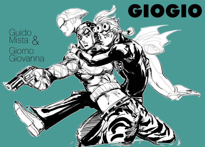 3boys, giorno_giovanna, gold_experience, guido_mista, gun, hat, highres, ing0123