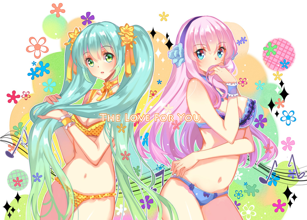 2girls, aqua_eyes, aqua_hair, bikini, flower, green_eyes, hair_flower, hair_ornament