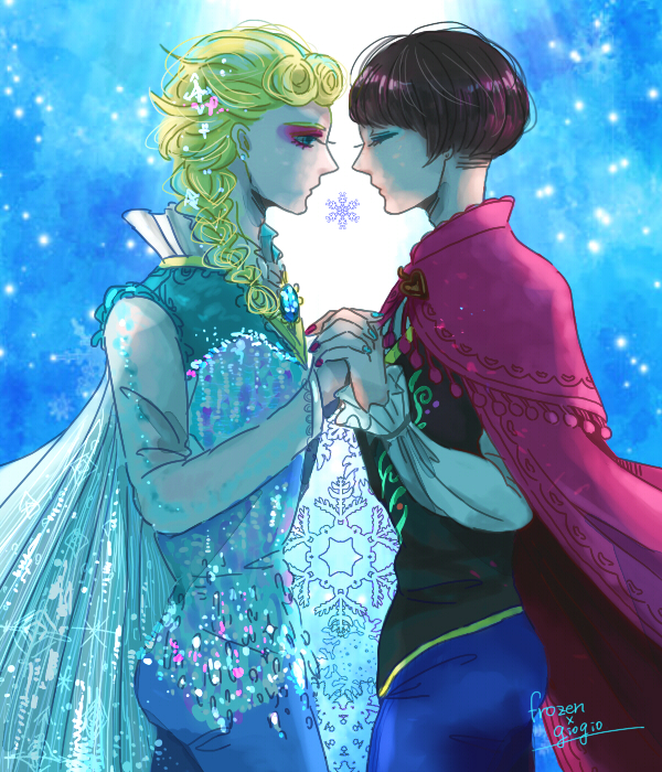 2boys, androgynous, anna_(frozen), anna_(frozen)_(cosplay), black_hair, blonde_hair, blue_dress, cosplay