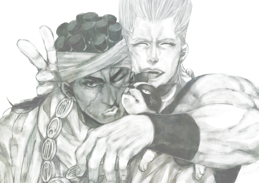 2boys, cheek_press, dog, greyscale, iggy_(jojo), jean_pierre_polnareff, jojo_no_kimyou_na_bouken, mohammed_avdol