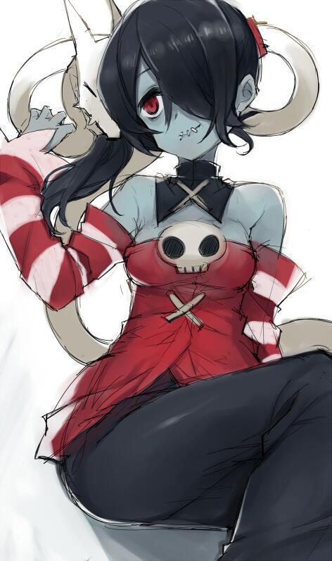k_(li), leviathan_(skullgirls), long_hair, one_eye_covered, purple_hair, sienna_contiello, skullgirls, smile