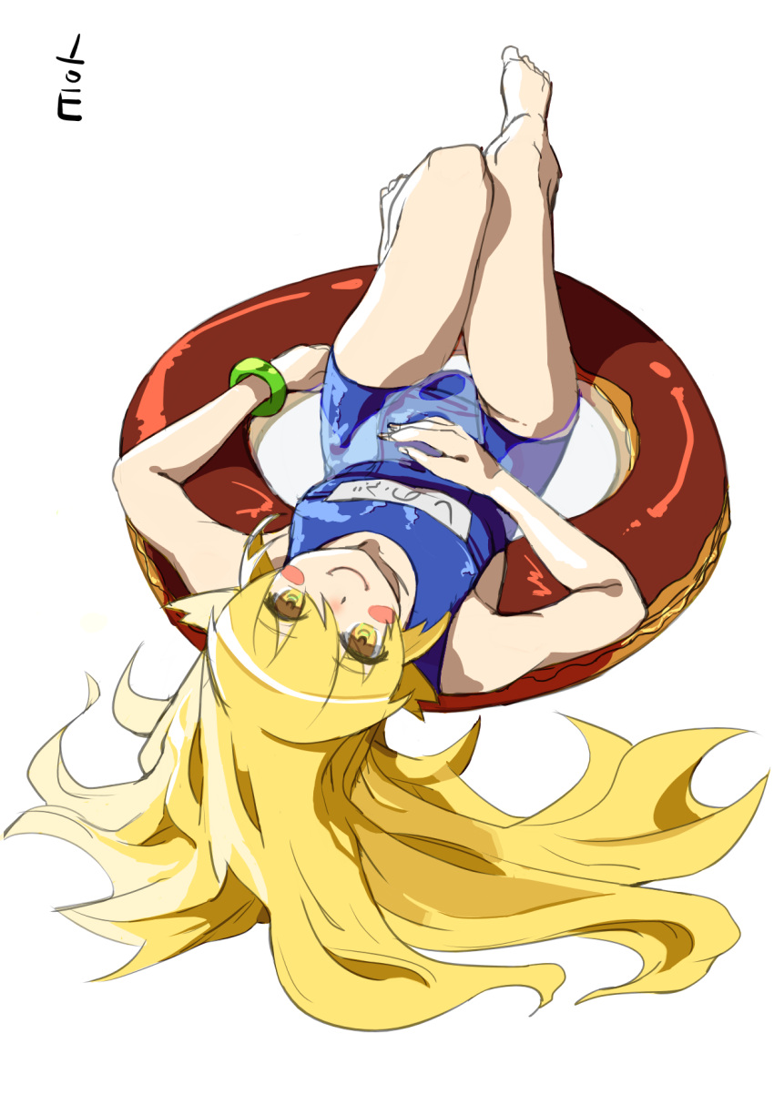 1girl, barefoot, blonde_hair, blush_stickers, doughnut, highres, long_hair, monogatari_(series), oshino_shinobu, peagunz, pointy_ears, school_swimsuit, solo, swimsuit, yellow_eyes