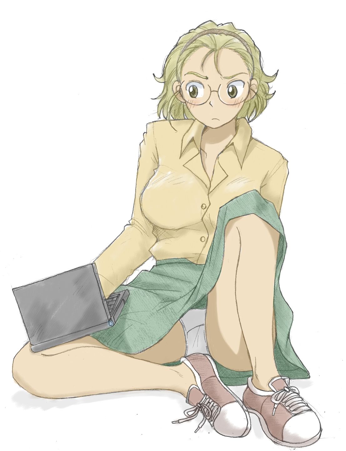 1girl, black_lagoon, blush, breasts, computer, dark_skin, glasses, hairband